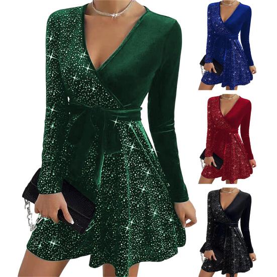 Платье женское осень-весна с V-образным вырезом, шнуровкой, узкой талией, декором из пайеток, А-силуэта, большим подолом, длинными рукавами, мини-платье для выпускного вечера