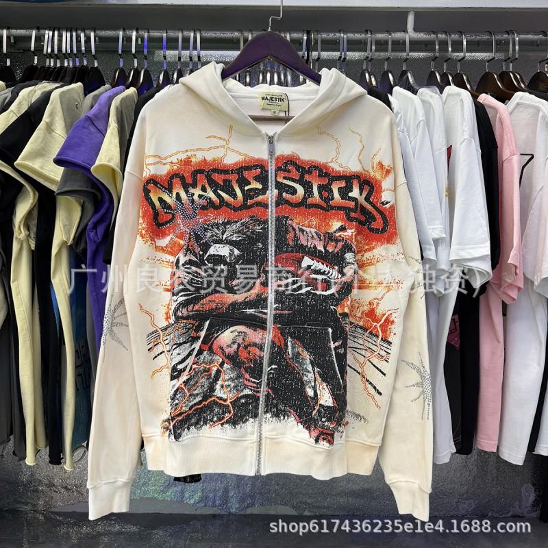 Унисекс Оверсайз Худи с Принтом Черепа и Стразами Streetwear Топ на Молнии