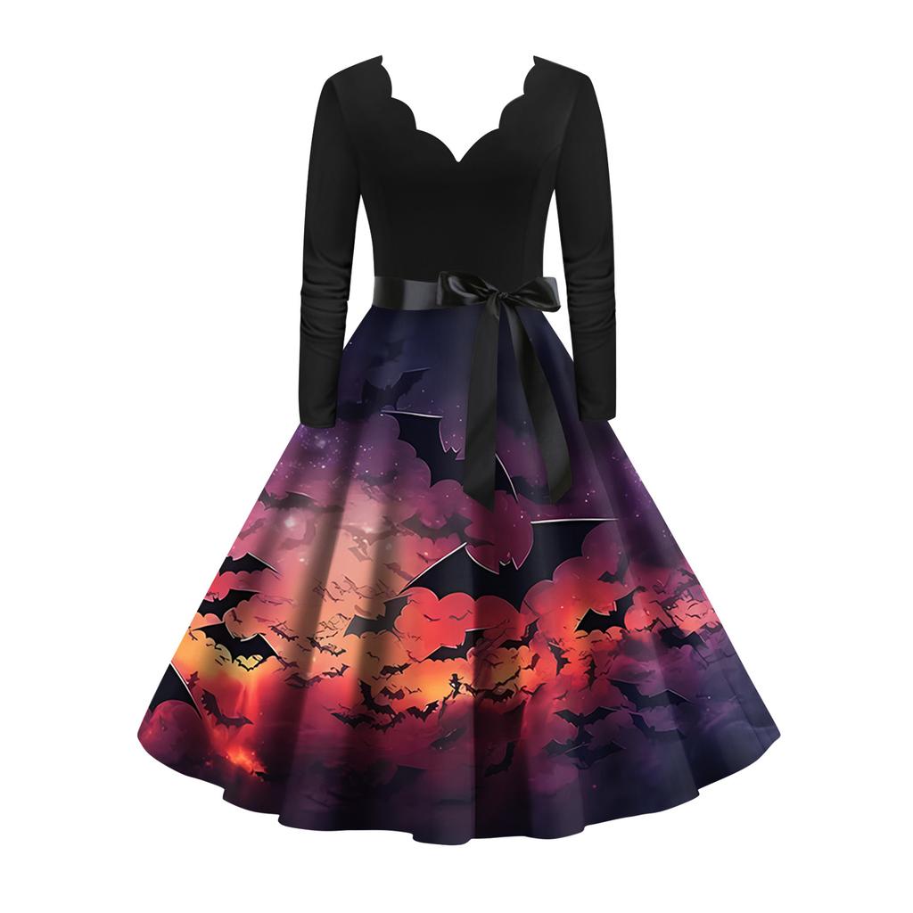 Женское винтажное классическое платье с вырезом на талии и галстуком-бабочкой с длинными рукавами на Хэллоуин с принтом и V-образным вырезом, свободное платье