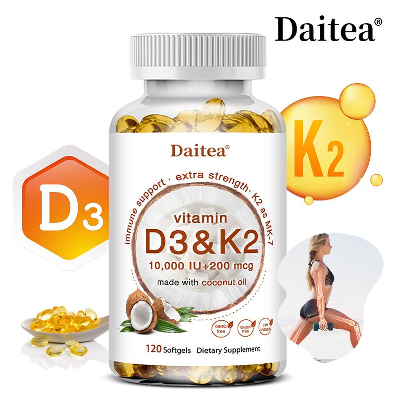 Daitea Витамин D3 и K2 10 000 МЕ + 200 мкг MK-7 с кокосовым маслом, Экстра-сила, 120 мягких капсул
