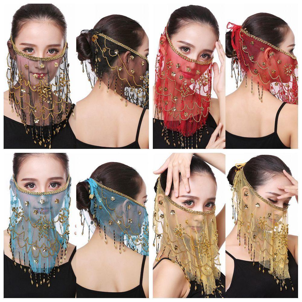 Party with Beaded Indian Belly Dance Veil Belly Dancing Veils Face Veil Costumes Mesh Face Veil