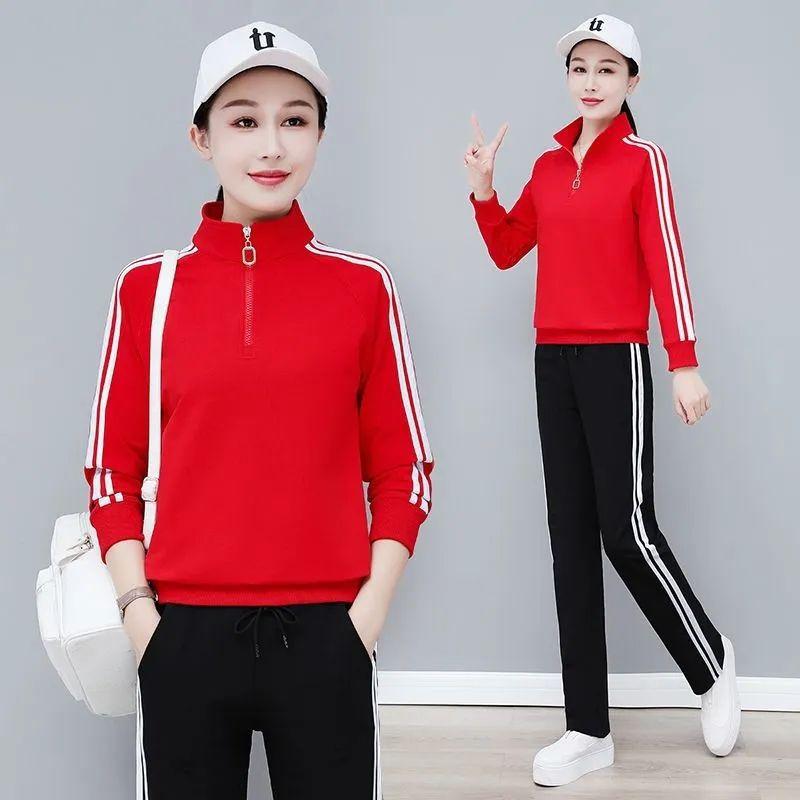 [Featured] Spring and Autumn new stand-up collar age-reducing splicing sweater two-piece set versatile loose large-size women's suit autumn model