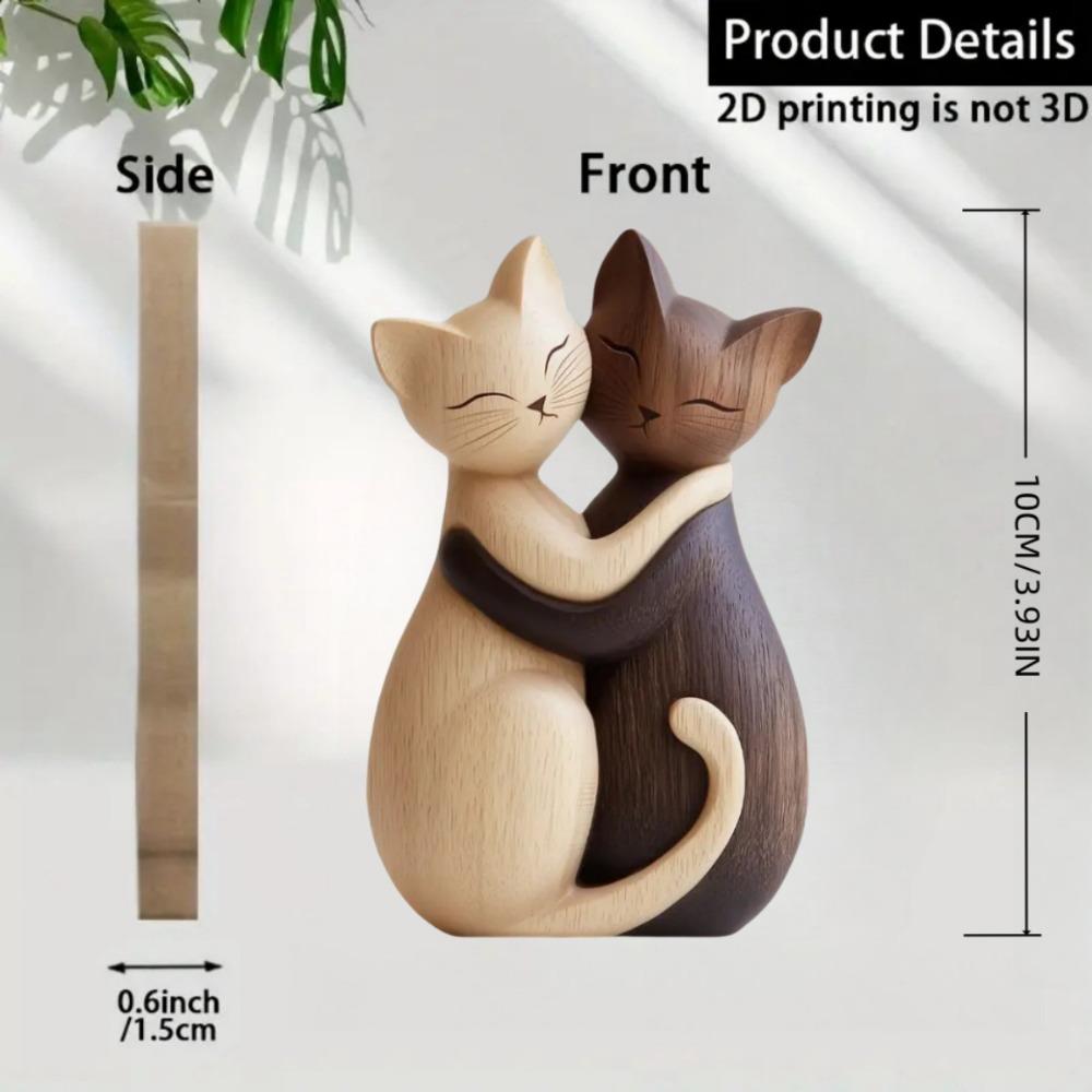 Wooden Kitten Couple Sculpture Charming 2D Flat Cat Enthusiast Gift Light and Dark Wood Grain Desktop Entrance Home Decoration