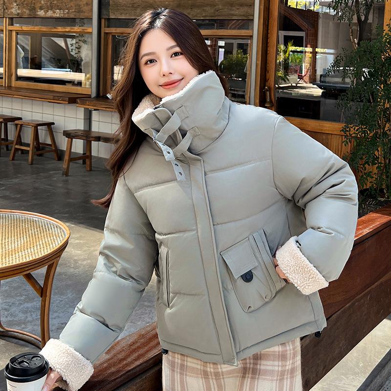 Lamb wool lapel splicing down cotton-padded jacket for women's autumn and winter new Korean version of casual thickened warm cotton-padded jacket