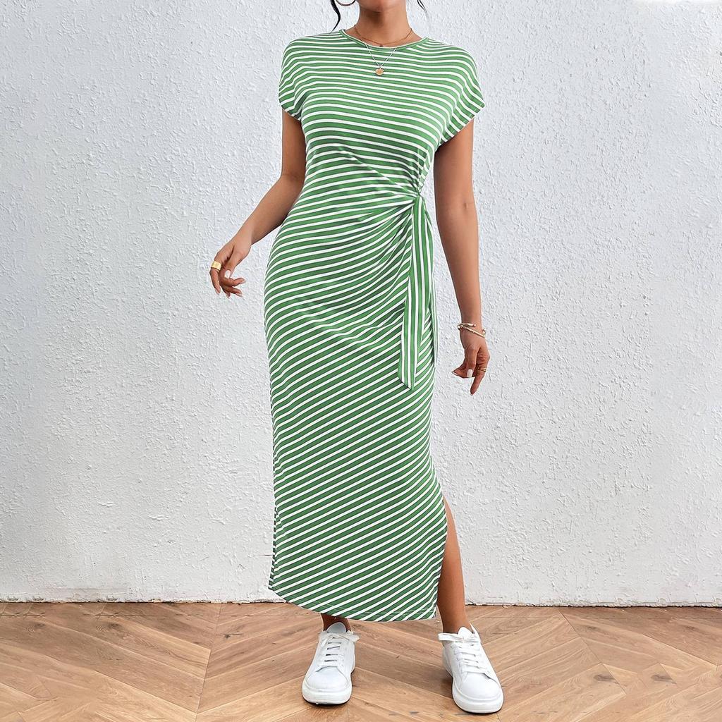 Женское модное платье с круглым вырезом в полоску, короткими рукавами, облегающим кроем и разрезом для похудения