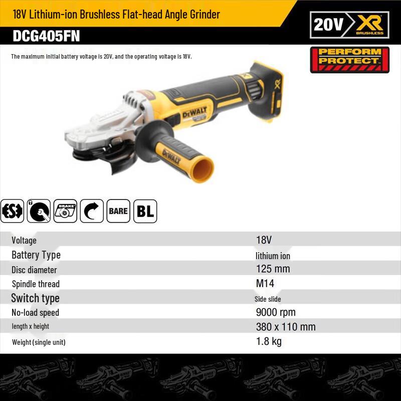 Угловая шлифмашина DeWalt 20V MAX* XR с бесщеточным двигателем, плоская головка, 125 мм, штекер CN (адаптер в комплекте)