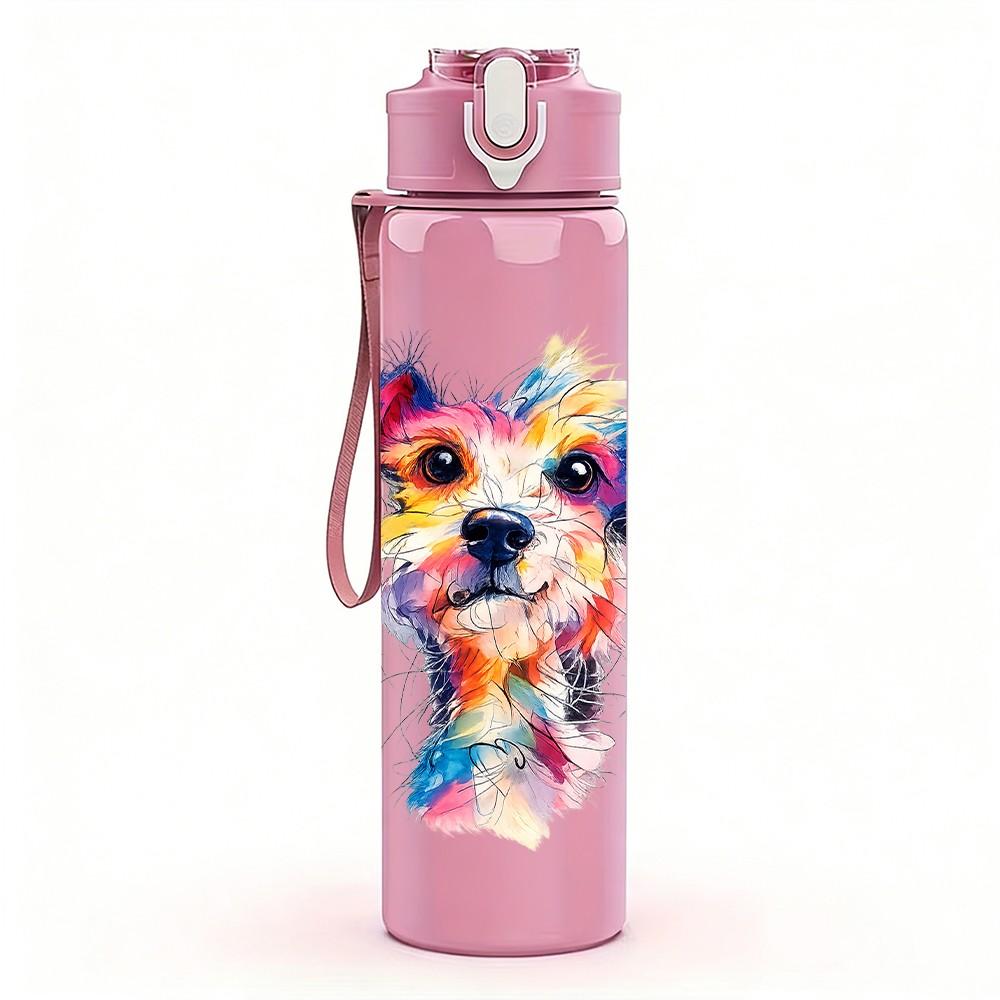 1PC Colorful Watercolor Dog Portrait Print 750ml Color Plastic Sports Water Bottle Leakproof Flip Straw Lid Suitable for Sports Office Home Use