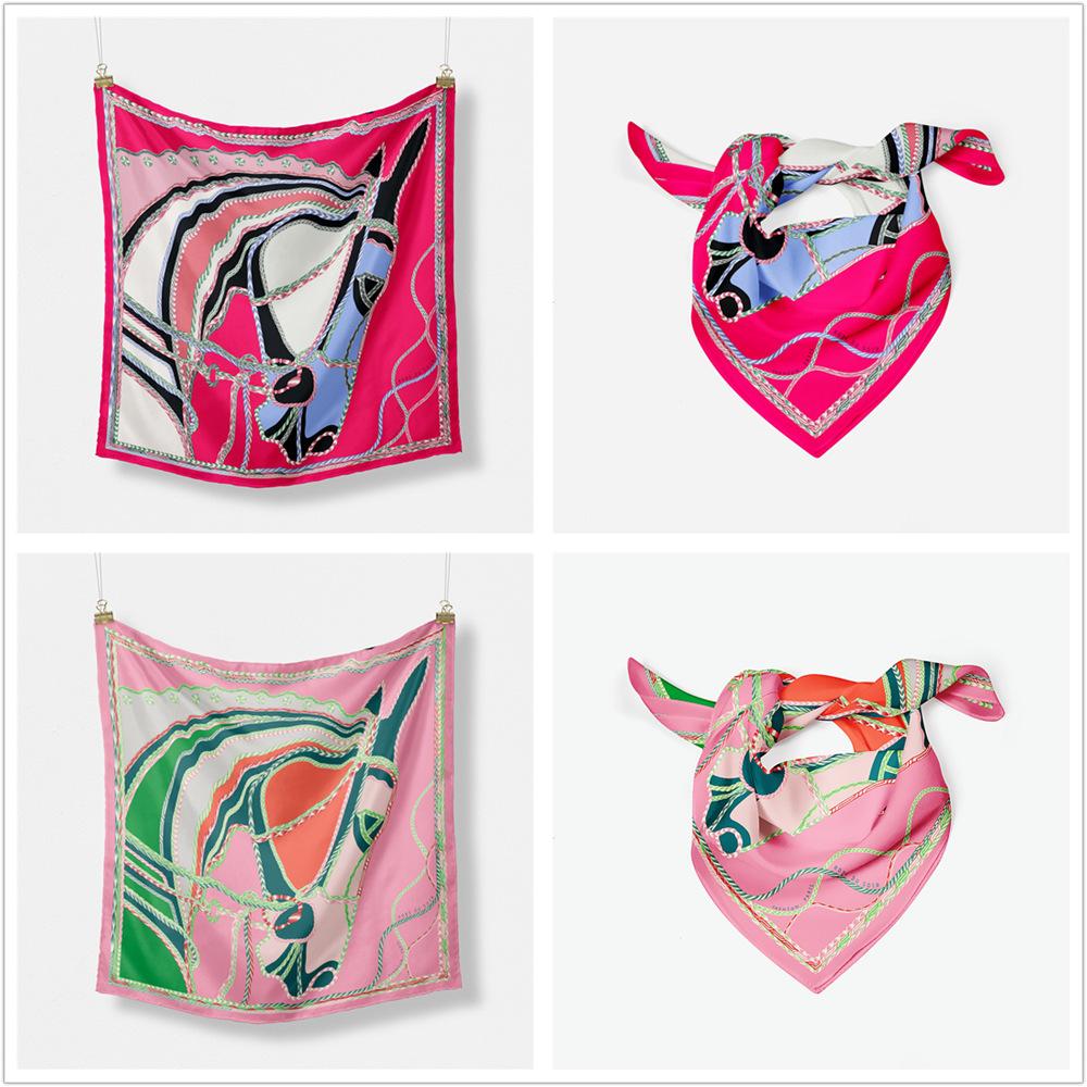 53*53CM Twill Silk Scarf Women Horse Print Square Scarf Bandana Small Hijab Foulard Ladies Tie Headband Neckerchief Accessories