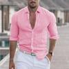 2024 New Men's Shirt Cotton Linen Fashion Casual Polo Neck Beach Shirt Long Sleeve Solid Hawaiian Holiday Shirts