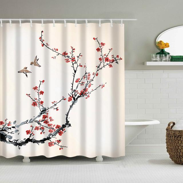 Chinese Style Flower Branch Landscape Shower Curtain 3D Printing Sunflower Bathroom Accessories Sets Waterproof Polyester Screen