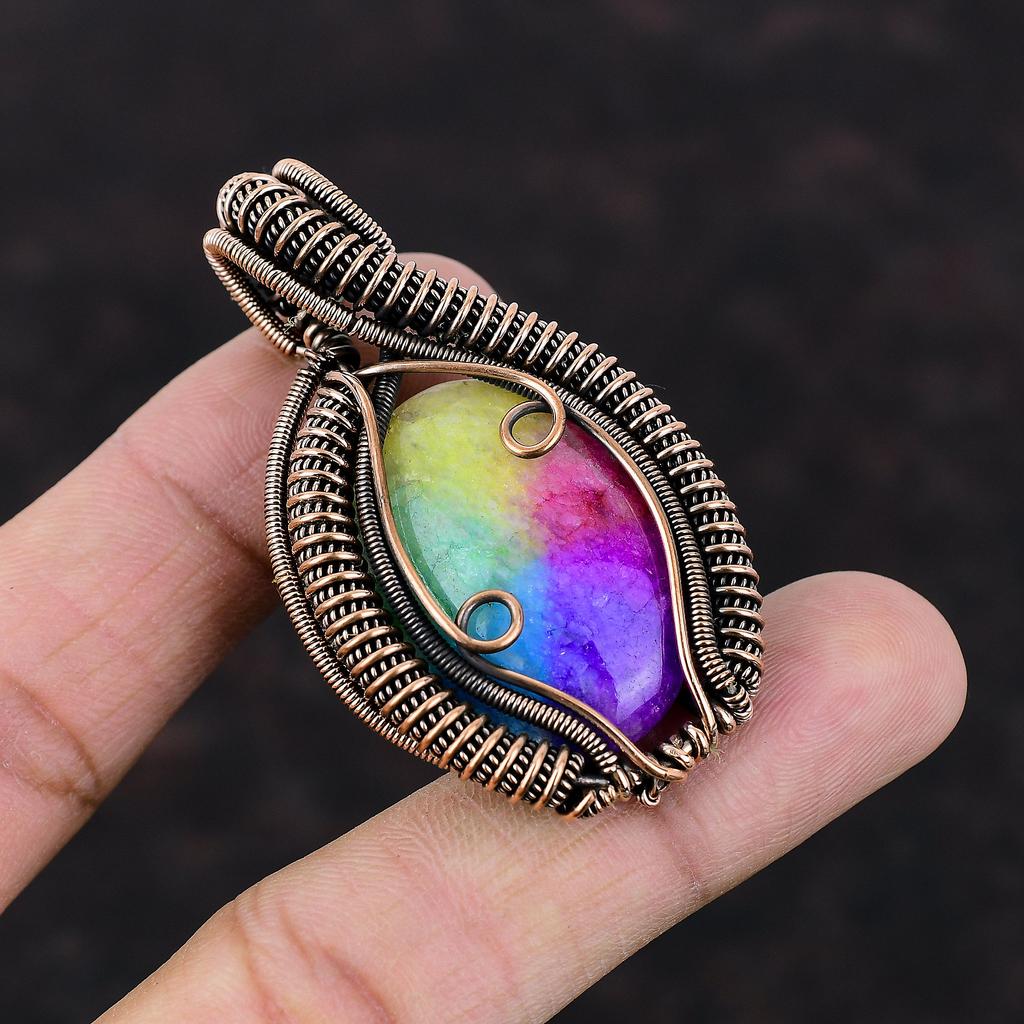 Радужный солнечный кварцевый кулон с друзами, медная проволока, кулон, ювелирные изделия в этническом стиле, кулон ручной работы, драгоценный камень, медное ювелирное изделие, подарок для сестры