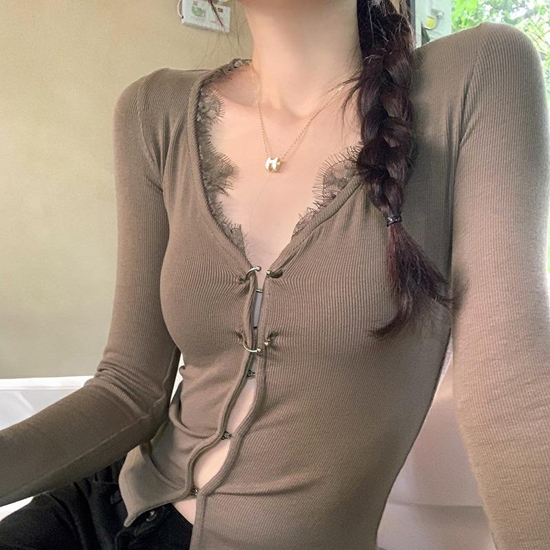 Серая Кардиган Spice Girl с пряжкой, кружевным воротником и длинными рукавами, весенний женский внутренний топ, вязаный кардиган