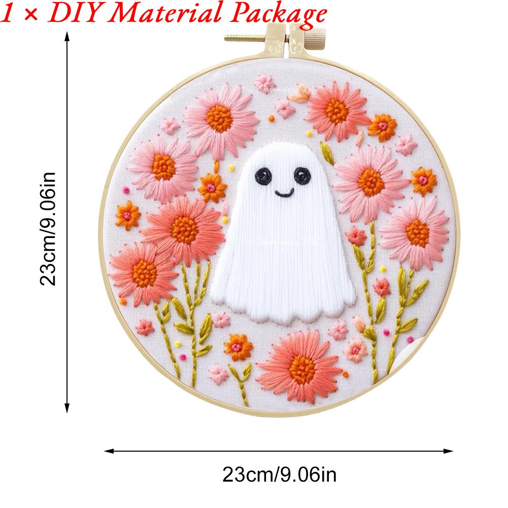 Halloween Embroidery Starter Kit Ghost & Gothic Stamped Cross Stitch Kits with Pattern & Embroidery Hoops for Adults & Beginners