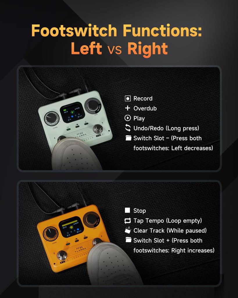 FLAMMA FF20 Педаль лупер Драм-машина с 300 минутами записи 220 барабанных партий 100 Время зацикливания Авто USB Выход для наушников для гитары и баса Экран, Время,