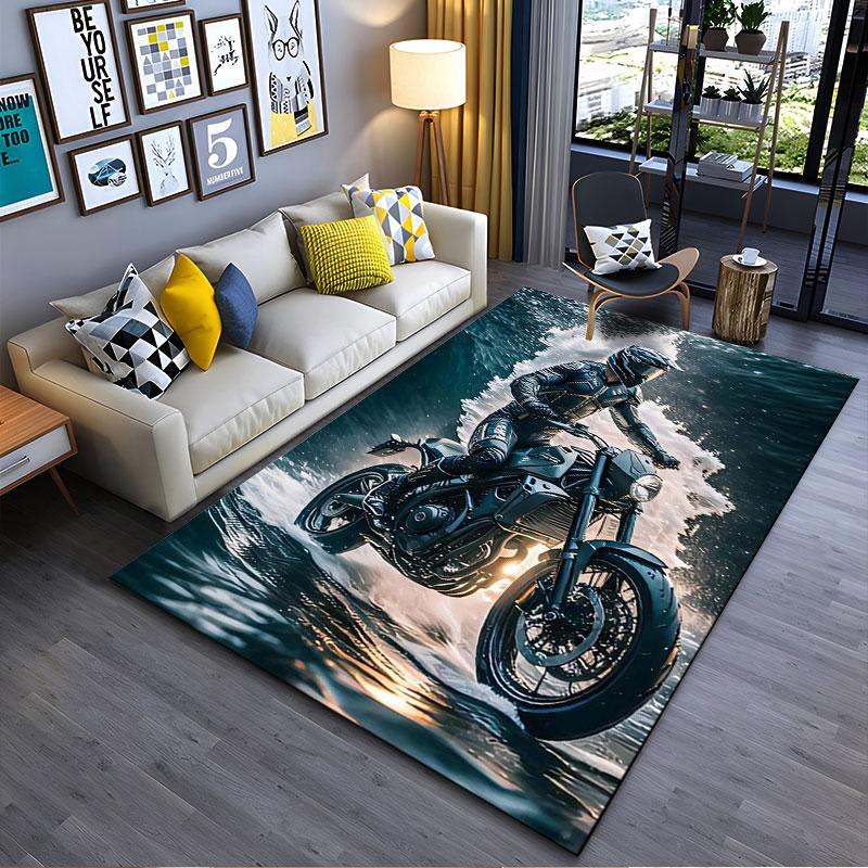 Motorcyclist Riding Through Waves suitable as a non-slip mat for the living room or bedroom sofa