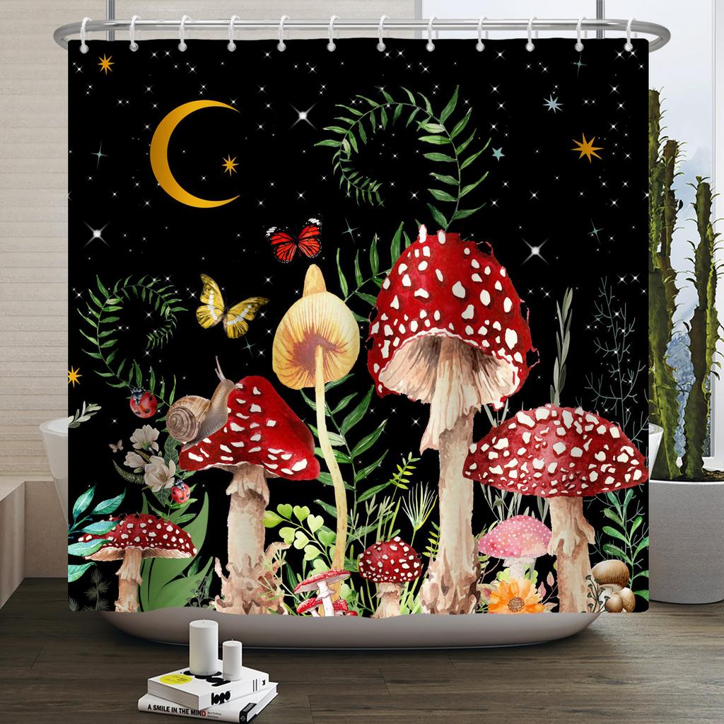 Гриб Занавеска для душа Цветок Зеленый лист Растение Лес Бабочка Ботанический Цветочный Белка Эстетика Водонепроницаемая Занавеска для ванной
