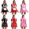 Womens Naughty Maid Uniform Clubwear Glossy Patent Leather Maid Cosplay Dress Ruffles Trims Bow Apron Puff Sleeve A-Line Dress