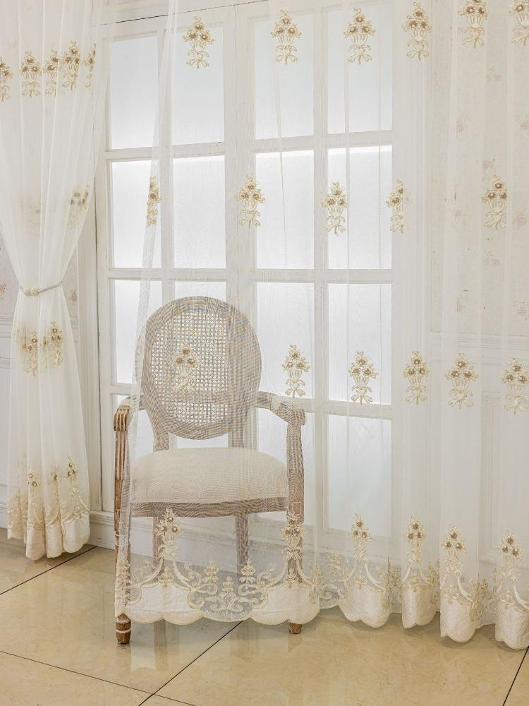 Цветочная европейская вышивка Вышитая газовая занавеска Прозрачная занавеска Гостиная От пола до потолка Окно Балкон Спальня