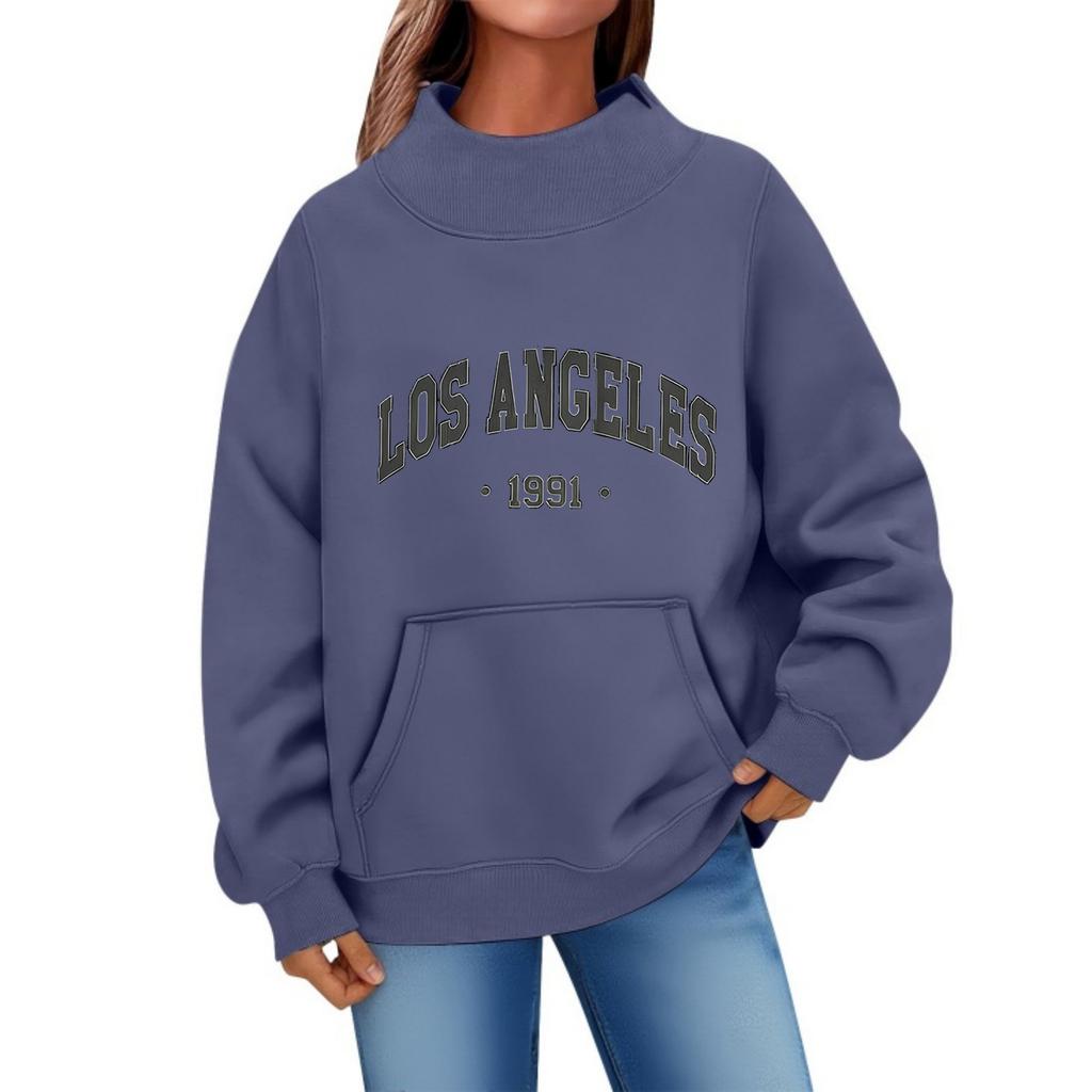 Hot Sale Los Angeles 1991 Printed Semi-turtleneck Sweater Women's Pocket Loose Long Sleeve Top Women's Clothing