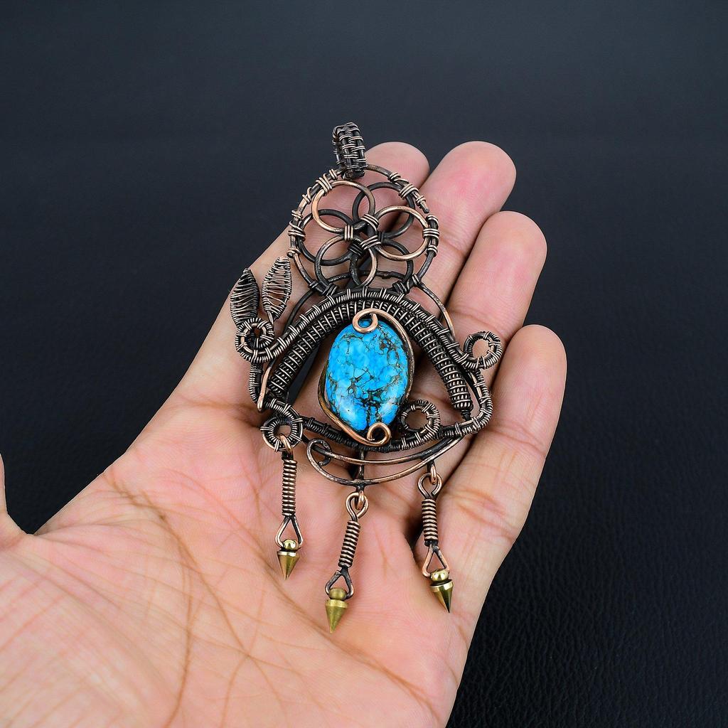 Blue Turquoise Handmade Gemstone Pendant, 999 Copper Wire Wrapped Antique Jewelry Pendant, For Engagement Gift