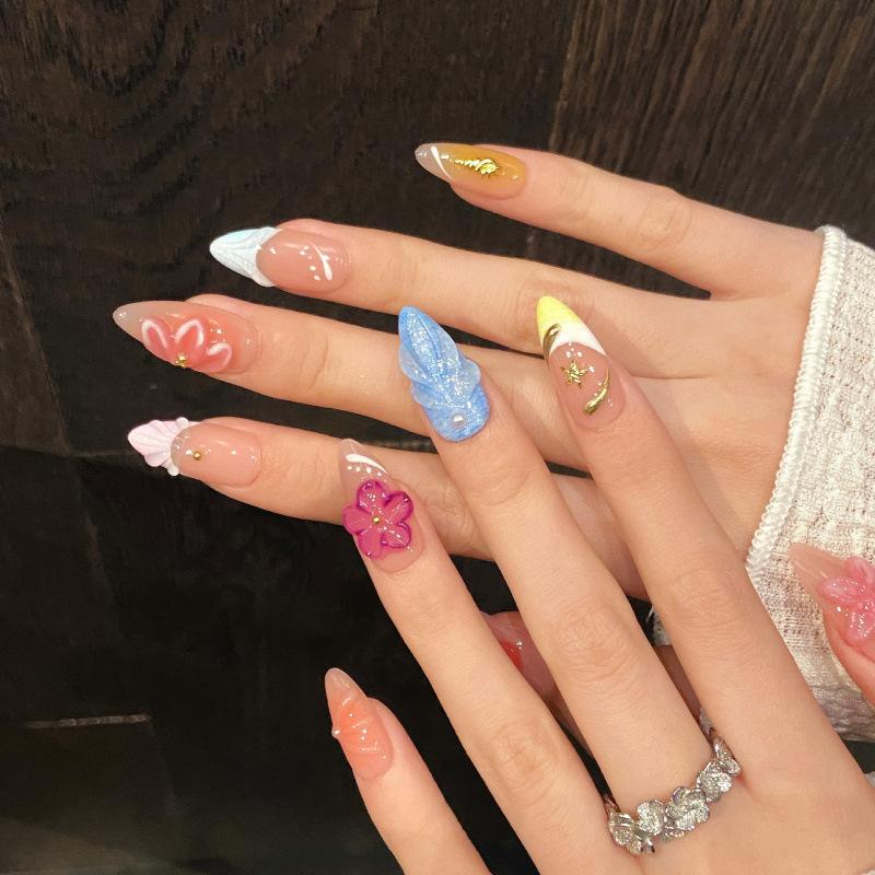 Design #677 Press on Nails Set Luxury Handmade 3D Flower Shell Manicure Gel Nails Tips Acrylic Fake Nails for Women