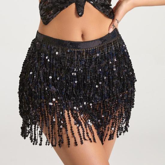 Belly Dance Sequin Tassel Skirt Sparkling Glitter Rave Fringe Mid-rise Skirt Solid Color Dance Parties Performances Skirt