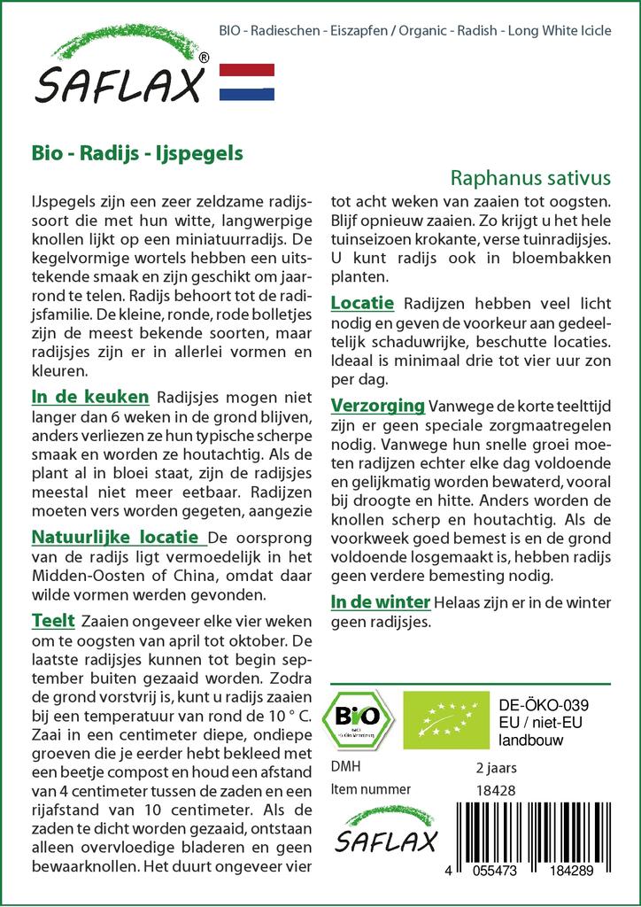 SAFLAX Сад в сумке - Органический - Редис - Длинная белая сосулька - 100 семян - С субстратом в подходящем стоячем мешке - Raphanus sativus