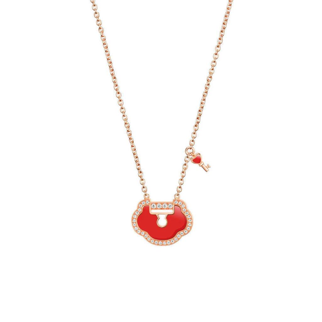 V Gold Exquisite Kylin Gourd Necklace, Medium Mother-of-Pearl & Red Agate, 18K Rose Gold CNC Carved.