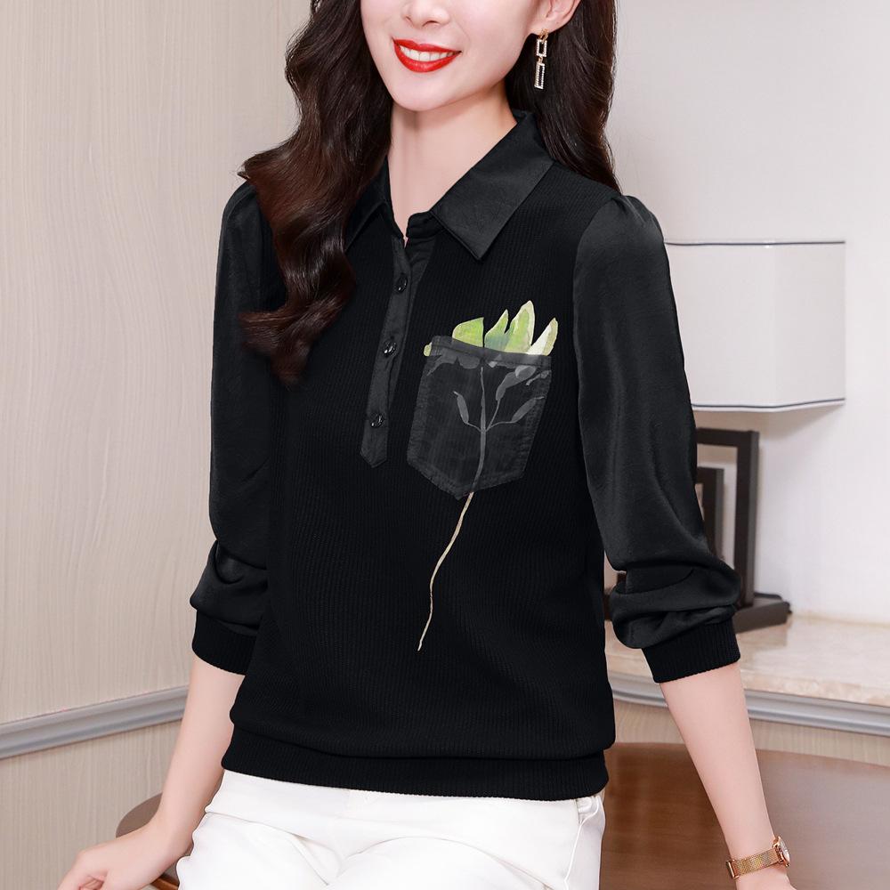 Молодая мама с принтом отворота свитер с длинными рукавами рубашка осень новая модная рубашка для среднего и пожилого возраста свободный топ