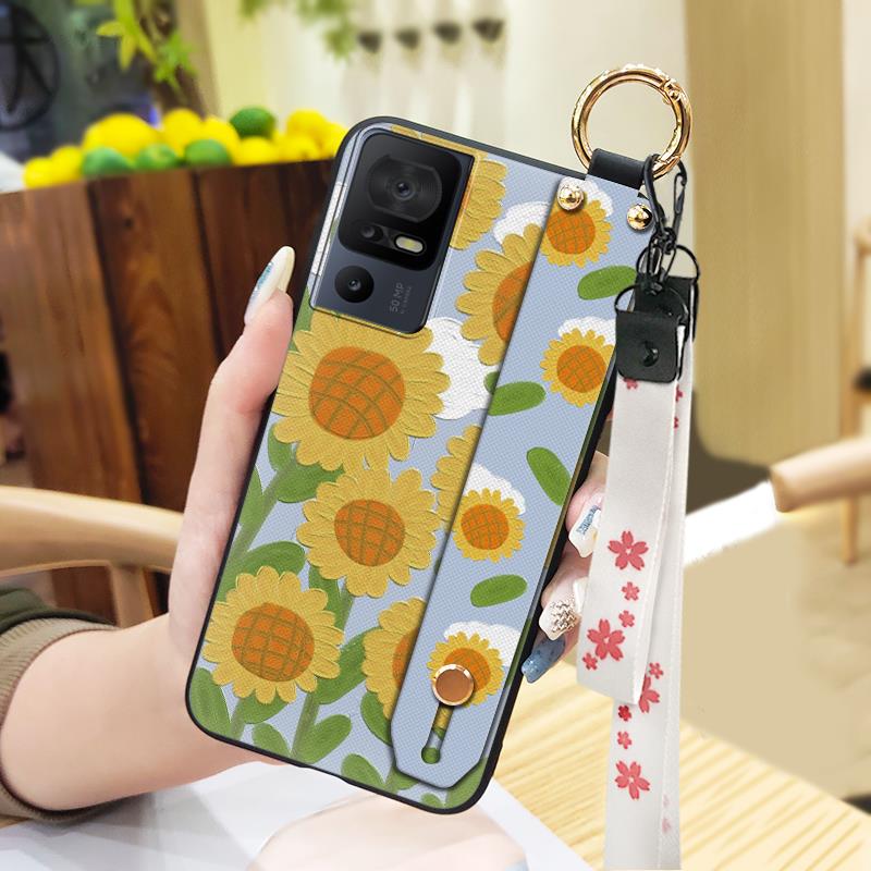 Lanyard Anti-knock Phone Case For TCL 40SE/T610K Dirt-resistant Flower Silicone Protective Ring Oil Painting Shockproof