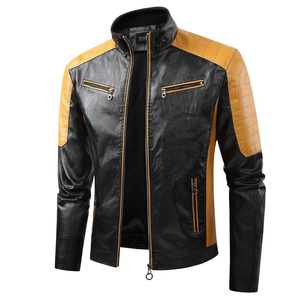 Thin spring and autumn casual men's leather jacket fashion splicing locomotive retro leather jacket men's clothing