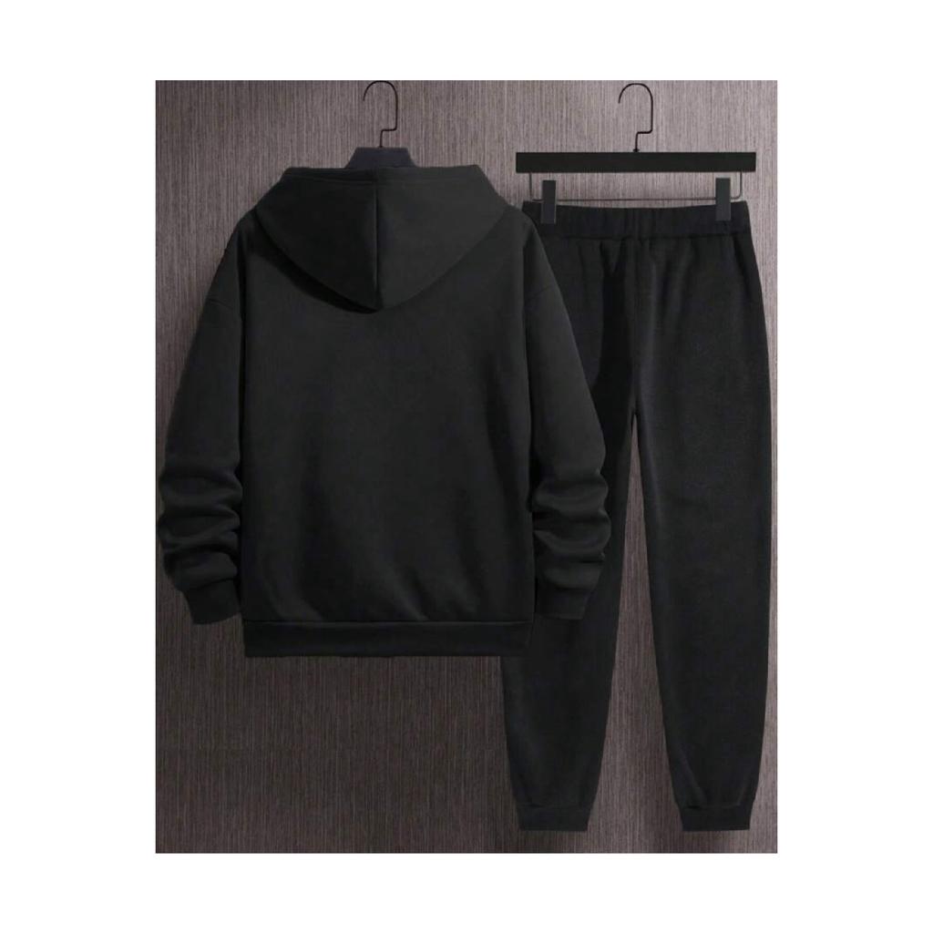 Черный мужской базовый эластичный спортивный костюм с капюшоном и принтом зверя, черный мужской комплект из хлопка с принтом