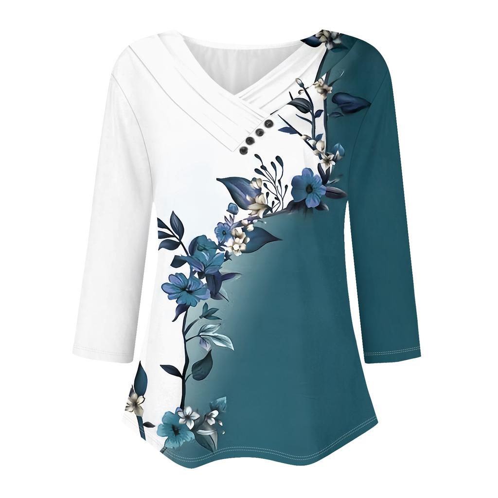 Womens 3/4 Sleeve Daily Weekend V Neck Casual Printed Tshirts Loose Fit Pleated Tees Ladies Blouse