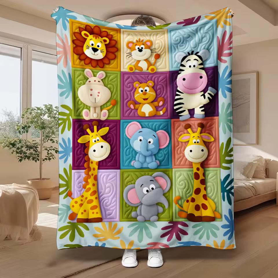 Multi-Size Blankets Colorful Animal Cartoon Grid Pattern Soft, Warm, And Thick Flannel Blanket, Suitable for All Four Seasons So