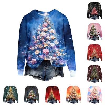Женская модная рождественская принтованная толстовка с длинным рукавом и круглым вырезом