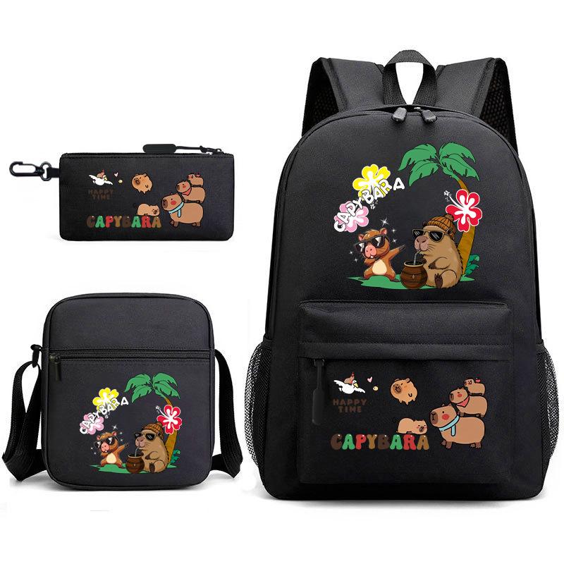 New Kapibara Student School Bag Fashion Popular Backpack Shoulder Bag Pencil Bag Three-piece Set