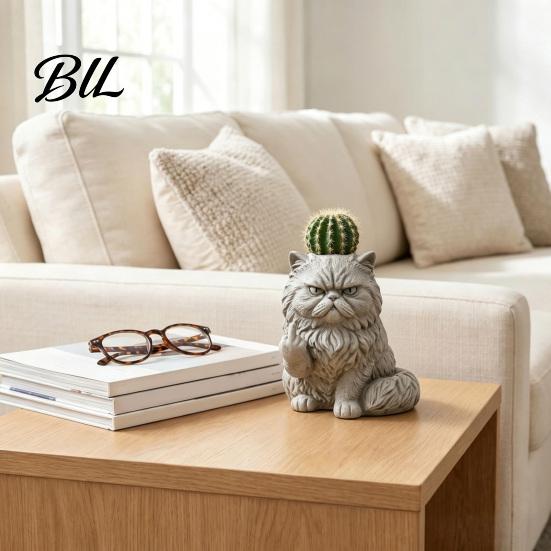 Multifunctional Resin Vase Funny Cat Planter, Middle Finger Kitty Flower Pot, Stone-Finish Garden Statue Frowning Plant Pot for Succulents,