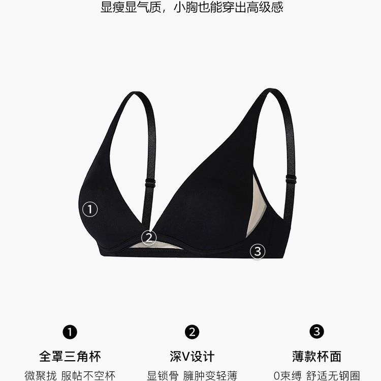 Sexy triangle cup underwear women's small breasts without steel rings, comfortable and breathable thin shoulder straps, deep V mesh black bra set