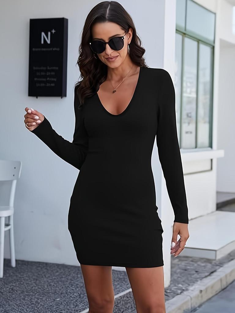 2025 European & American V-neck Long Sleeve Bodycon Dress, Black Solid Color, U-neck Long Dress ZK1126
