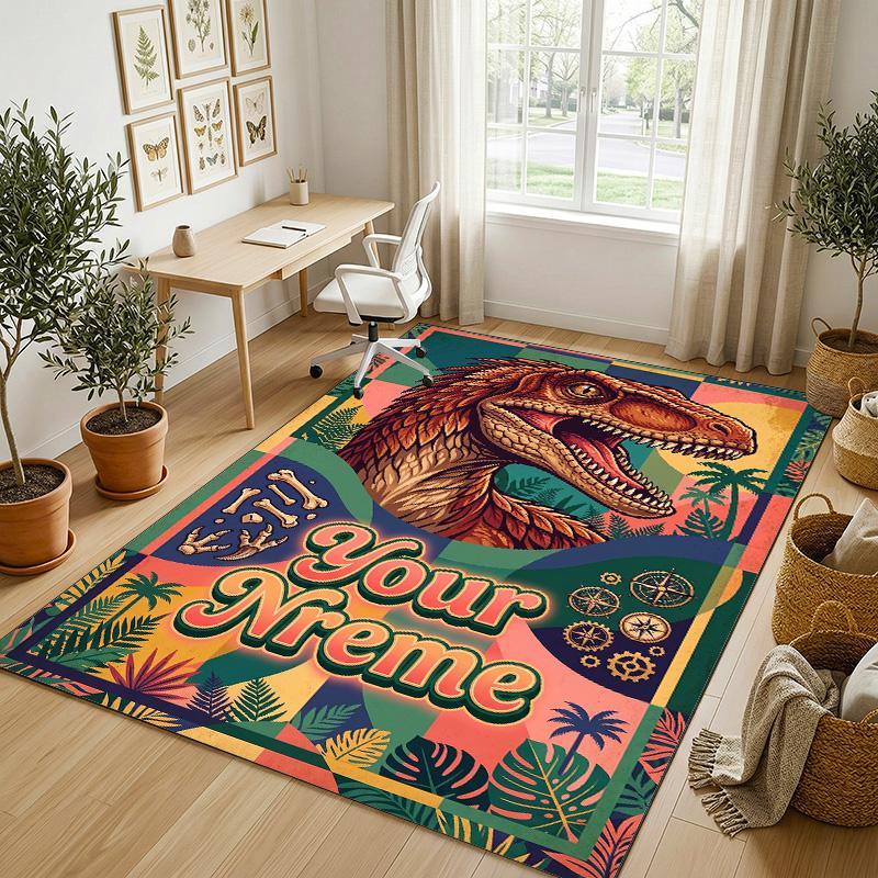 Dinosaur Theme Crystal Velvet Rug Personalized Custom Name Text Soft Floor Mat Home Decor