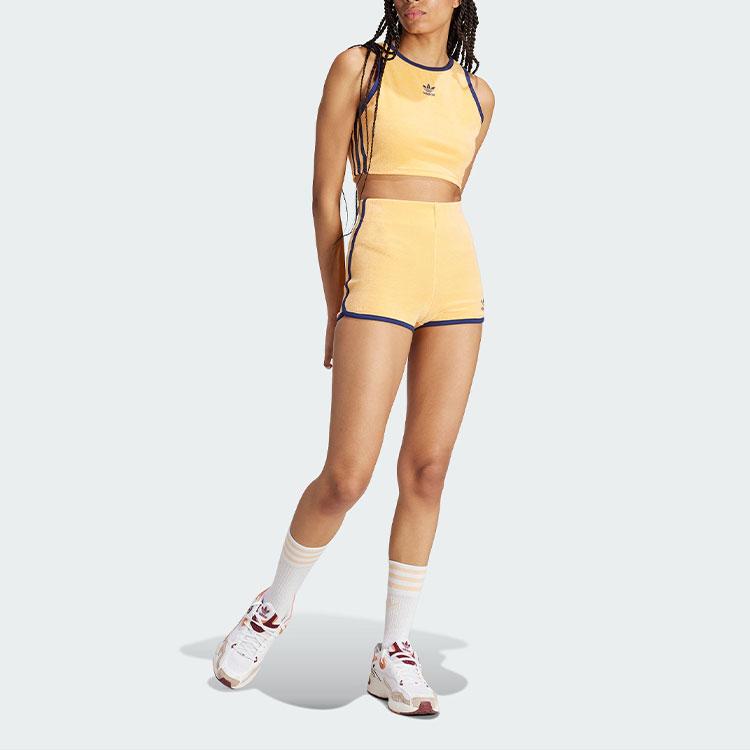 adidas Оригинальные махровые шорты с полосатым принтом и небольшим логотипом, обтягивающие повседневные шорты, женские шорты светло-оранжево-желтого цвета JG8060