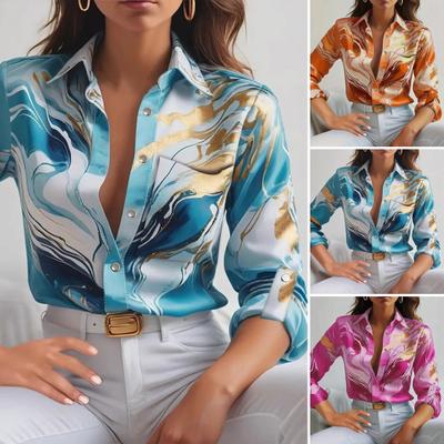 Женская рубашка с лацканами и длинным рукавом, однобортная рубашка с принтом, весна-осень, блузка в пригородном стиле