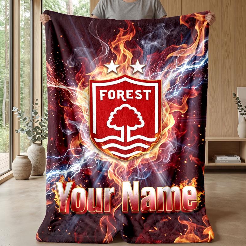 Nottingham Forest FC Custom Name Text Flannel Blanket Soccer Logo Personalized Fleece Throw Blanket Special Gift For Sofa Bedroom Home