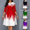 O-Neck 3/4 Sleeves Waist Tight High-Waist Christmas Dress Xmas Tree Snowflake Print Large Hem A-Line Midi Dress