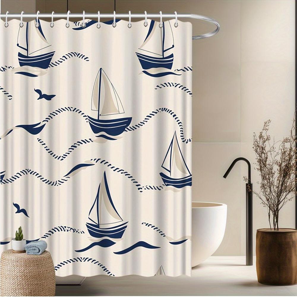 Nautical Sailboat Shower Curtain, Fade-Resistant Polyester, Sailboat & Seagull Design, Easy Installation, Beach Bath Decor