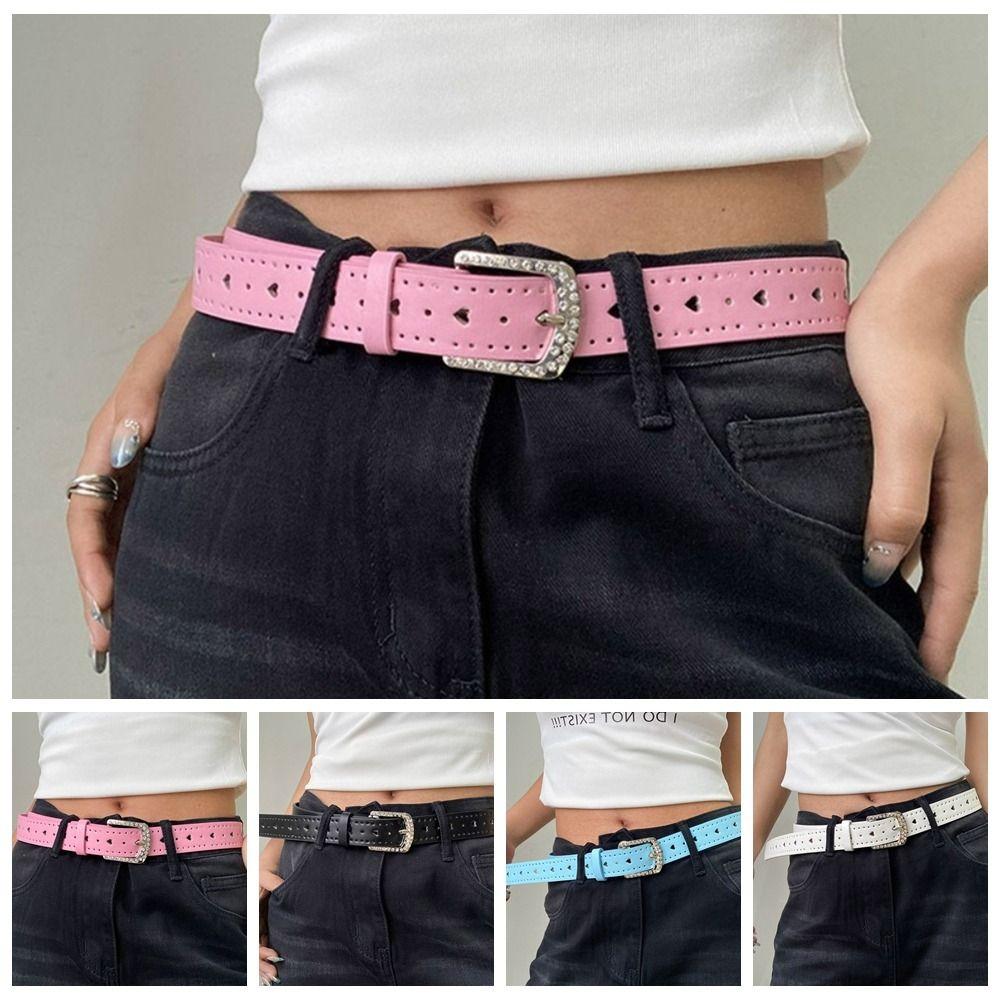 Love Heart Rhinestone Waist Belt Jeans Decor PU Leather Waistbands Fashion Y2K Wide Belt  Ladies