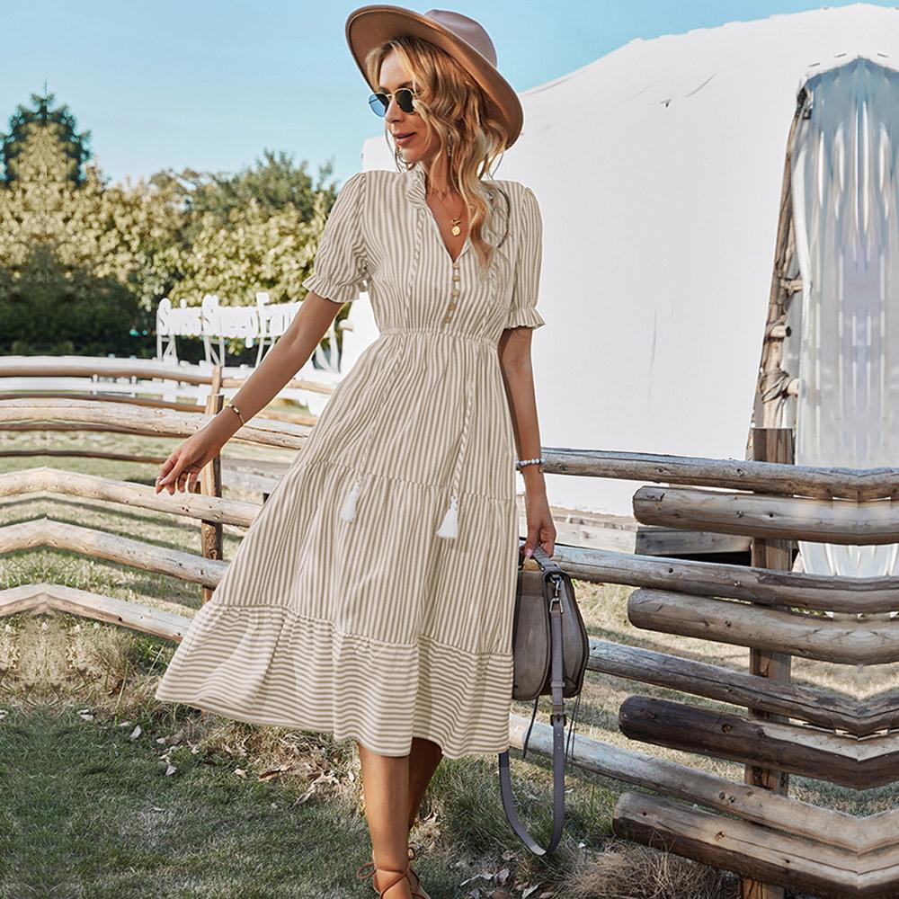 Женские полосатые повседневные платья с короткими рукавами и кисточками средней длины, летние платья на пуговицах с v-образным вырезом для женщин