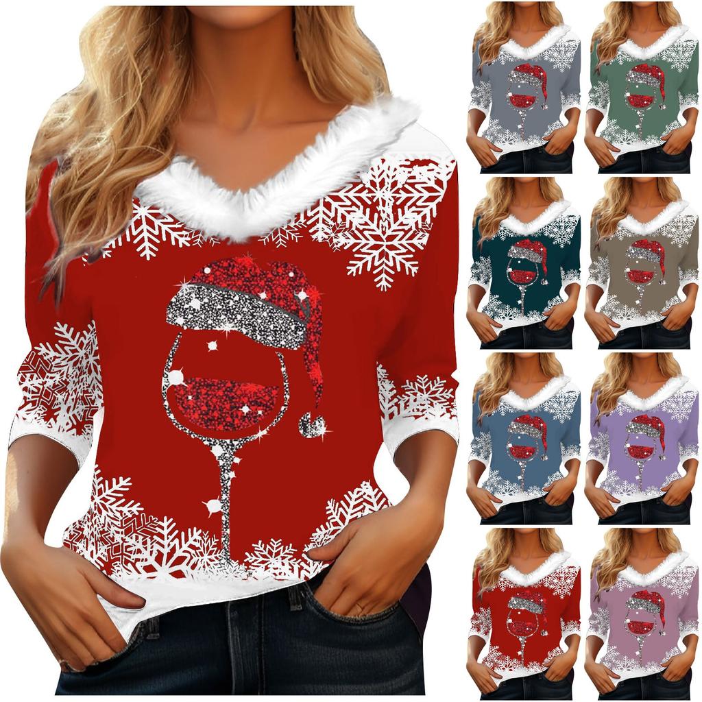 Рубашки с рукавом 3/4 для женщин, рождественские футболки с графическим принтом, блузки, повседневные базовые топы на пуговицах больших размеров, пуловеры