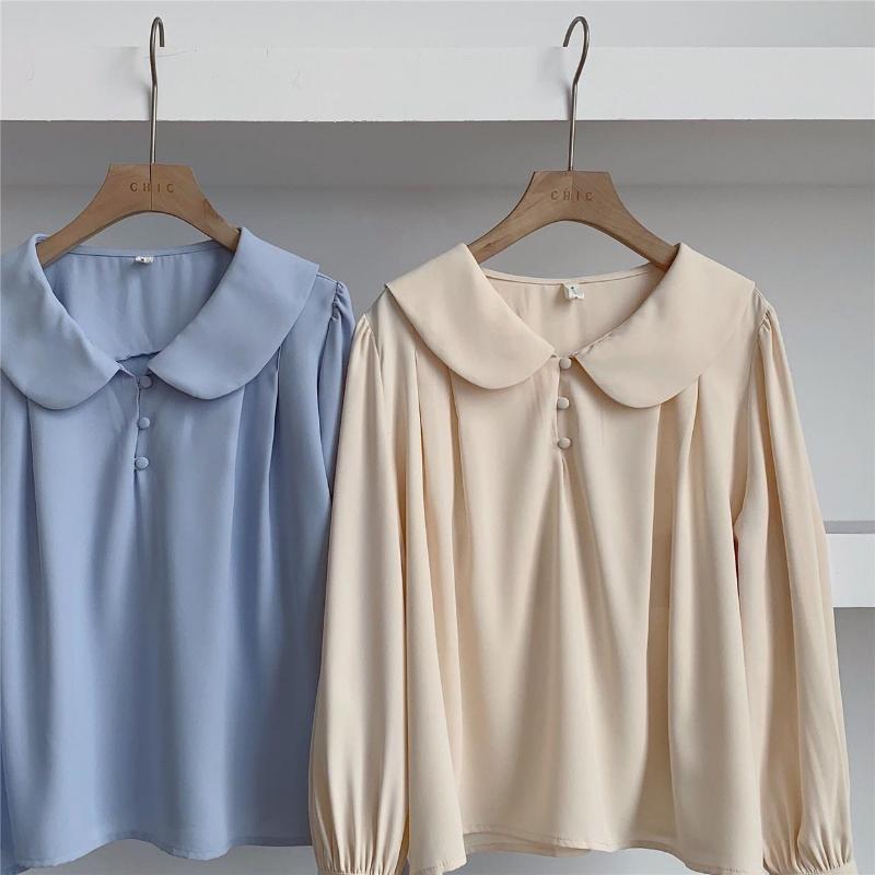 Y2K винтажная шифоновая рубашка для женщин, весна-лето, французская блузка с пышными рукавами, однотонный топ с кукольным воротником, модная женская одежда