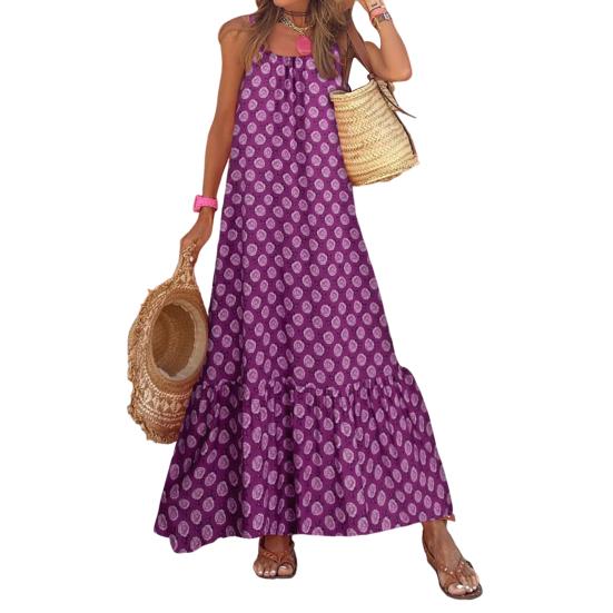 Женское бохо платье макси без рукавов на тонких бретельках, с открытой спиной, расклешенное, длинное, летнее, пляжное, летящее сарафан